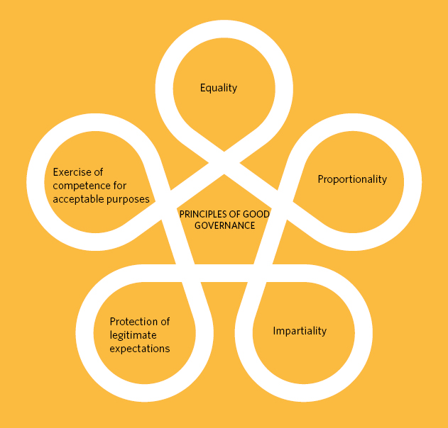 The five principles of good governance are equality, proportionality, impartiality, protection of legitimate expectations, and exercise of competence for acceptable purposes.