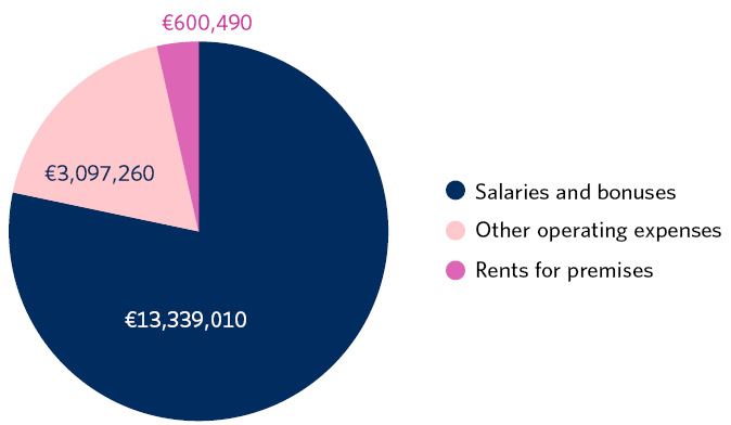 Planned allocation of appropriations in 2022. Salaries and fees EUR 13,339,010. Other operating expenses EUR 3,097,260. Rents for premises EUR 600,490.