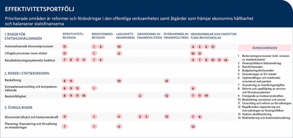 Effektivitetsportföljen visar hur revisionens ämnesområden fördelas på huvudriskområdena per revisionsslag. Närmare information om effektivitetsportföljens innehåll finns nedan i Excelfilen Effektivitetsportfölj 2021.