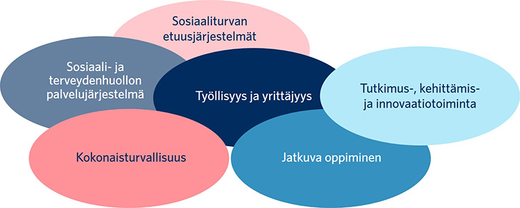 Hyvinvoiva ja turvallinen yhteiskunta -vaikuttavuusalueen osa-alueet ovat sosiaaliturvan etuusjärjestelmät, sosiaali- ja terveydenhuollon palvelujärjestelmä, työllisyys ja yrittäjyys, jatkuva oppiminen, tutkimus-, kehittämis- ja innovaatiotoiminta sekä kokonaisturvallisuus.