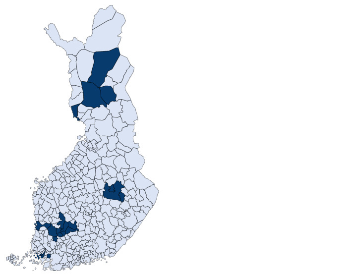 Försökskommunerna på Finlands karta.